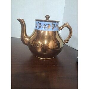 1950s Gibsons Blue Band Copper Luster Earthenware Teapot Made In England